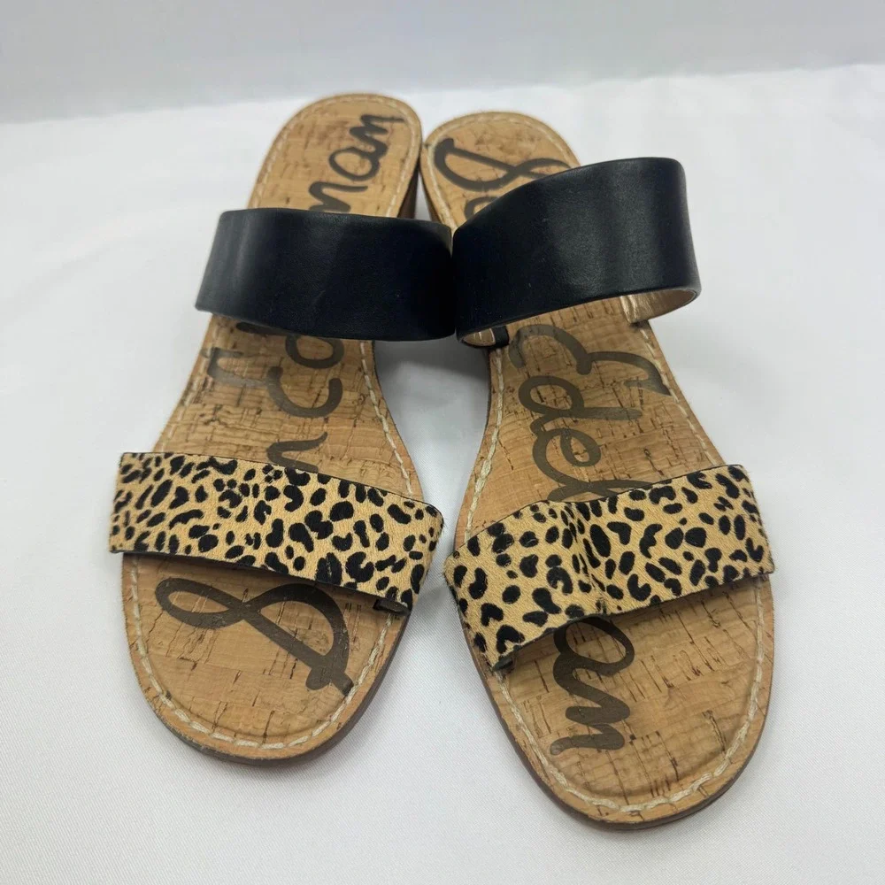 Sam Edelman Shellie Women Black Leather Leopard Calf Hair Wedge Sandals Size 10M